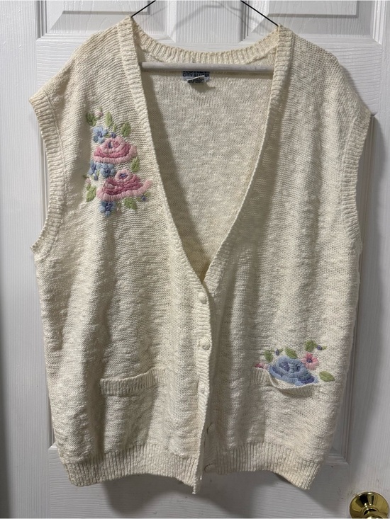 Koret Sweaters - Koret Cream Knit Cardigan Vest with Pink & Blue Floral Embroidery